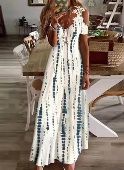 Printed V-Neck Lace Maxi Dress