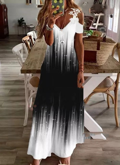 Printed V-Neck Lace Maxi Dress