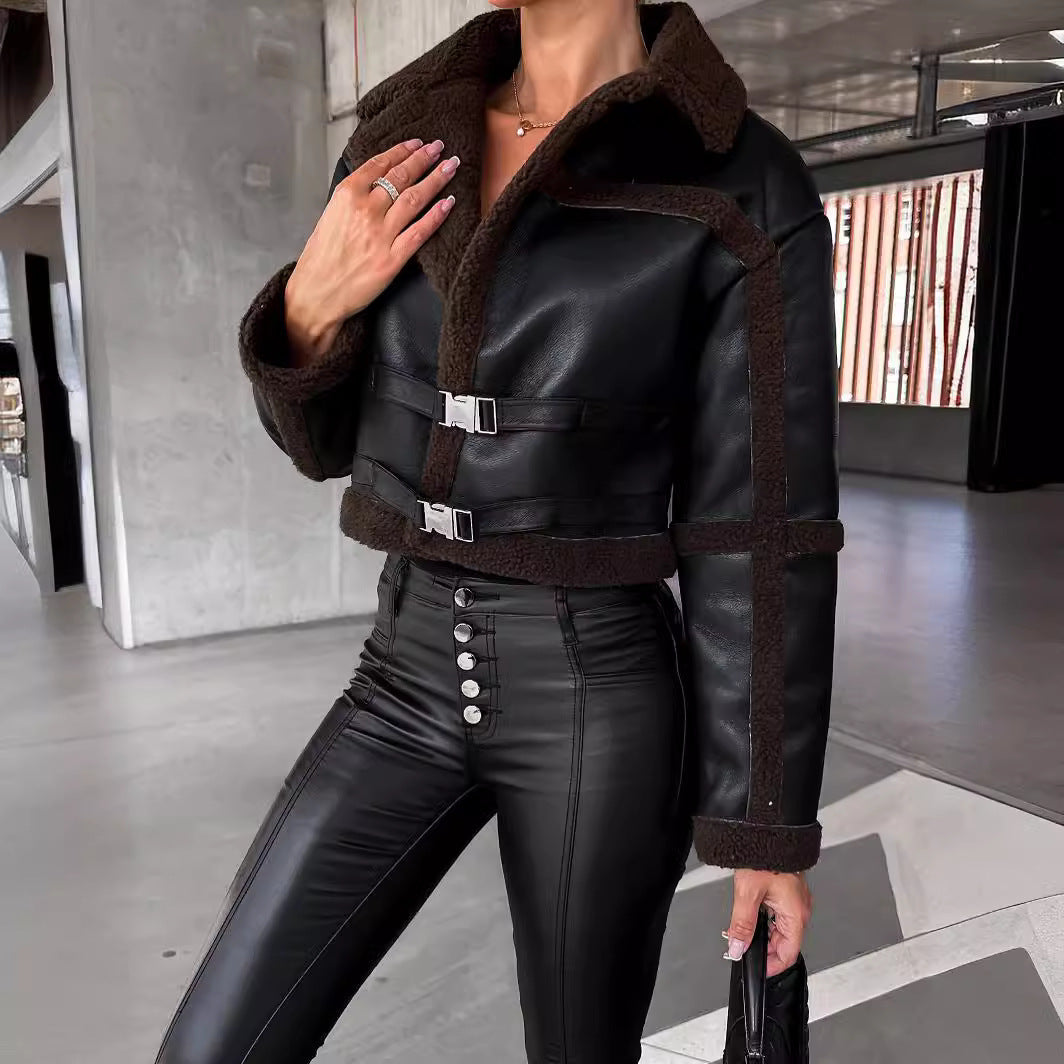 Fur-Lined Leather Lapel Jacket