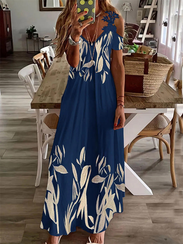 Printed V-Neck Lace Maxi Dress