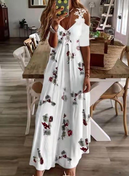 Printed V-Neck Lace Maxi Dress