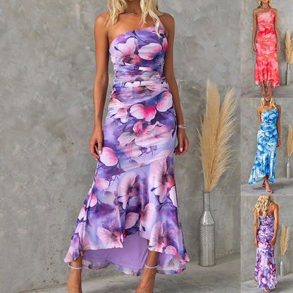 Flowers Print One-shoulder Dress 