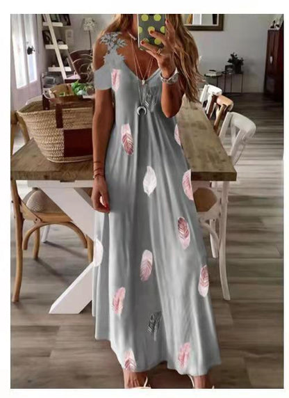 Printed V-Neck Lace Maxi Dress